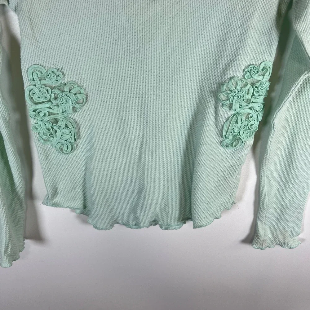 Free People Mint Green‎ Thermal Waffle Knit Soutache Applique Top Medium Boho